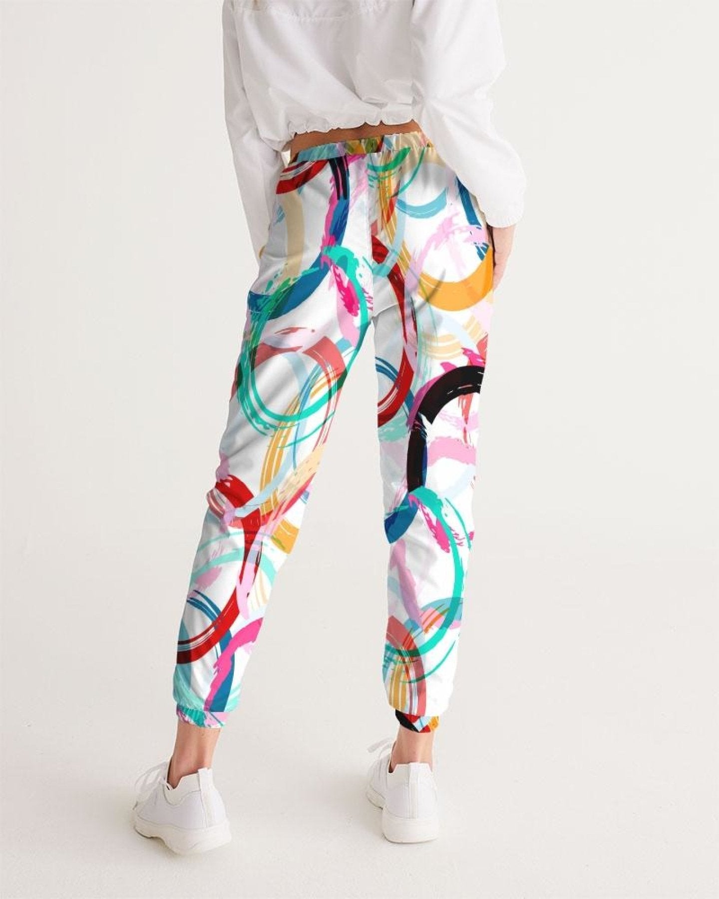 Womens Track Pants - White Multicolor Circular Graphic Sports Pants