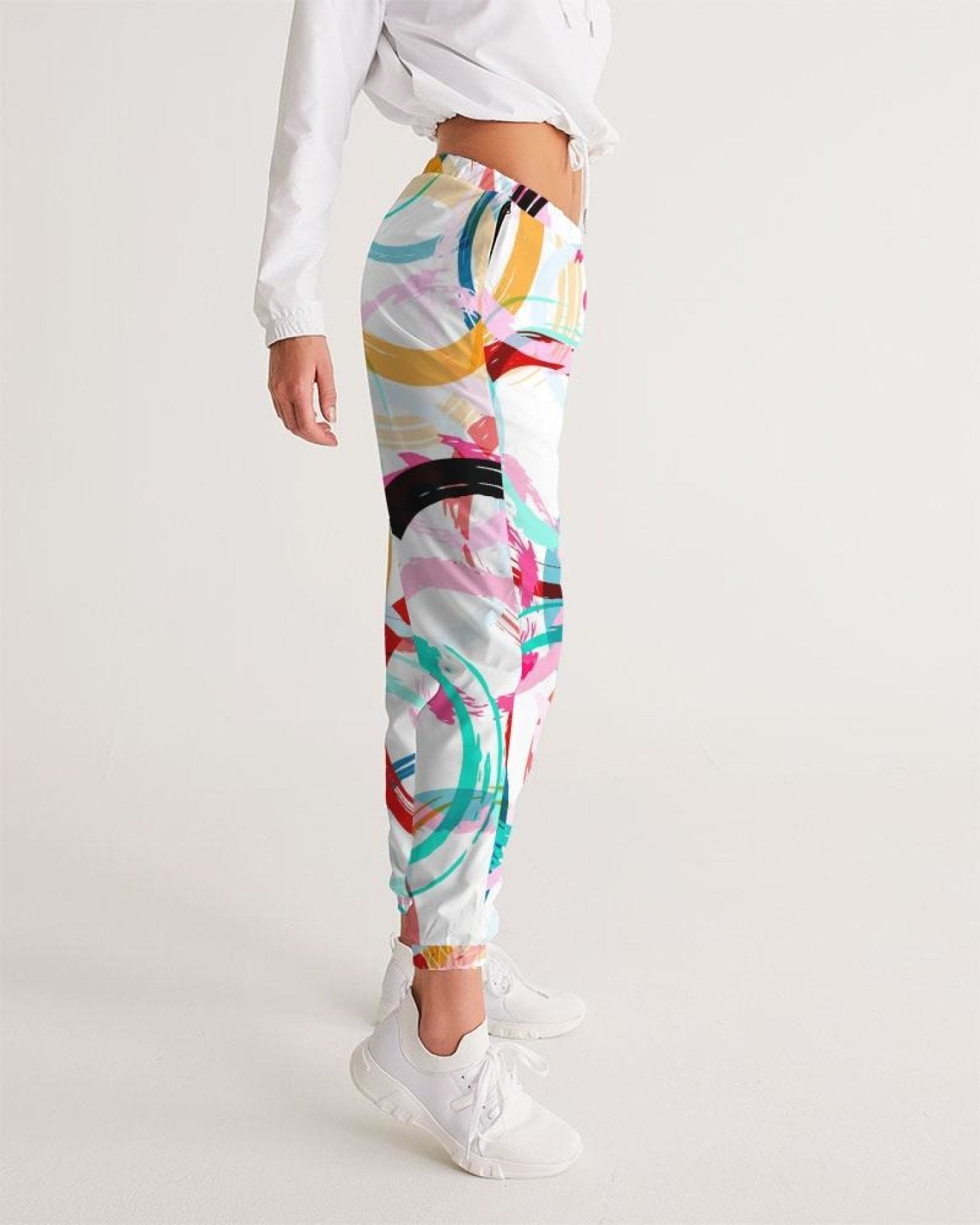 Womens Track Pants - White Multicolor Circular Graphic Sports Pants