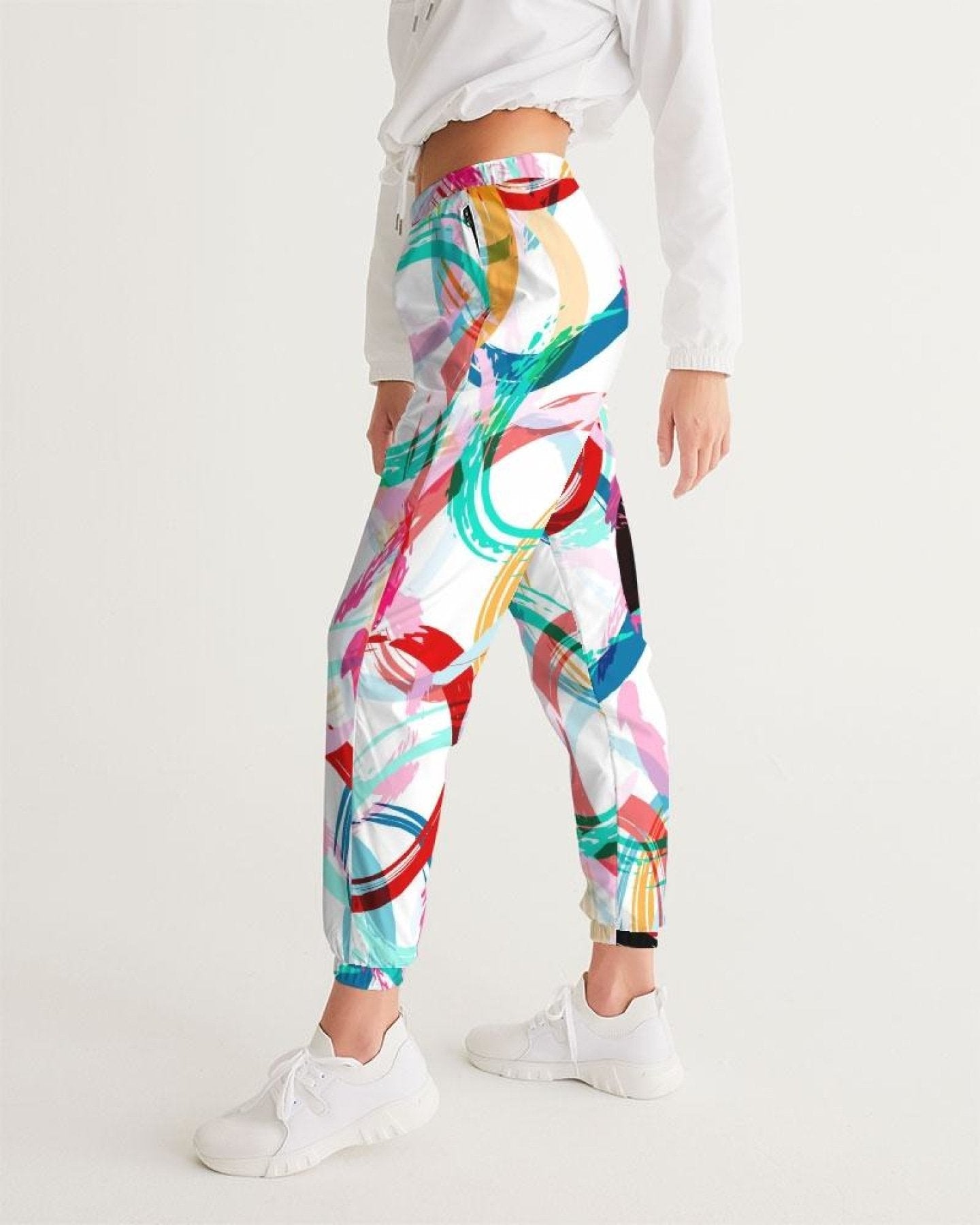 Womens Track Pants - White Multicolor Circular Graphic Sports Pants