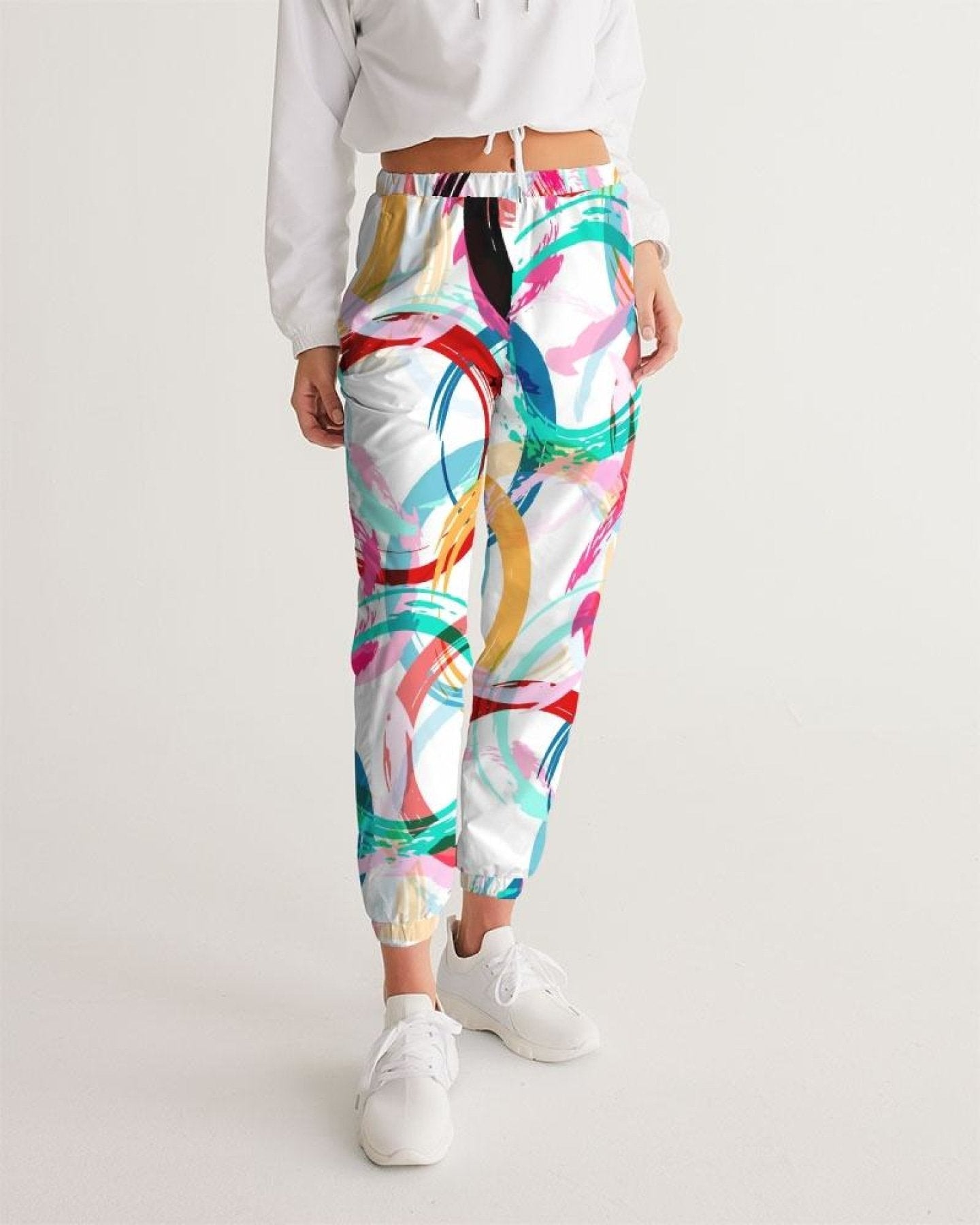 Womens Track Pants - White Multicolor Circular Graphic Sports Pants