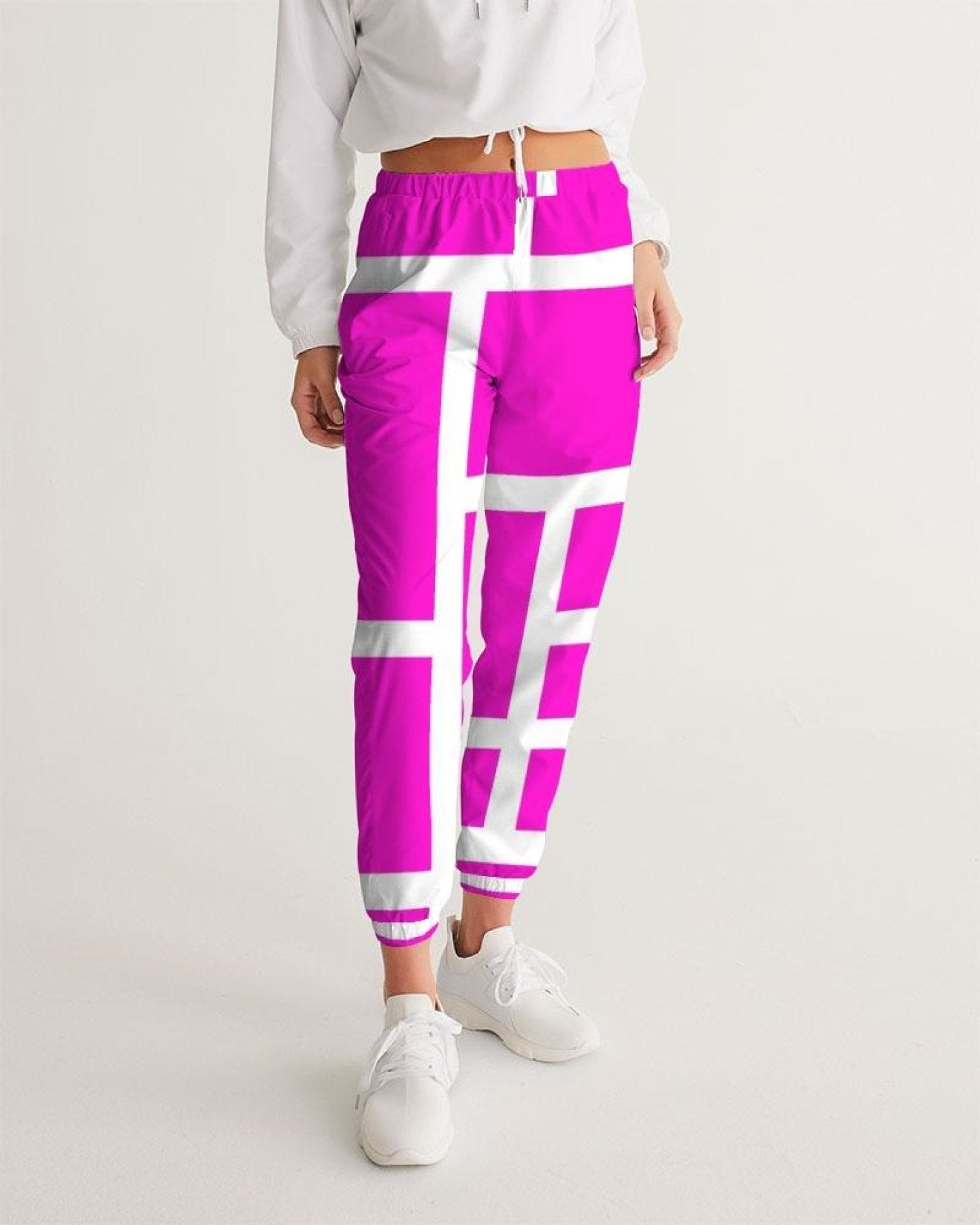 Womens Track Pants - Pink & White Block Grid Graphic Sports Pants