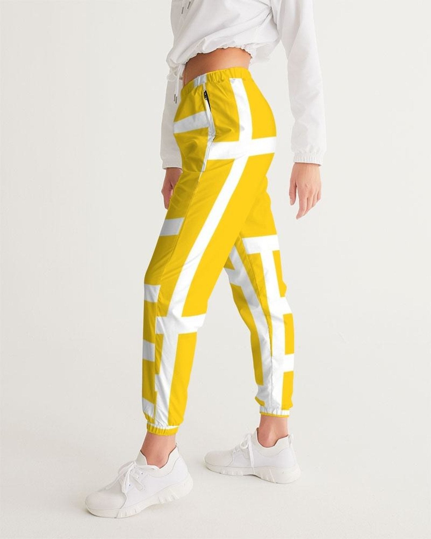 Womens Track Pants - Yellow & White Geometric Graphic Sports Pants