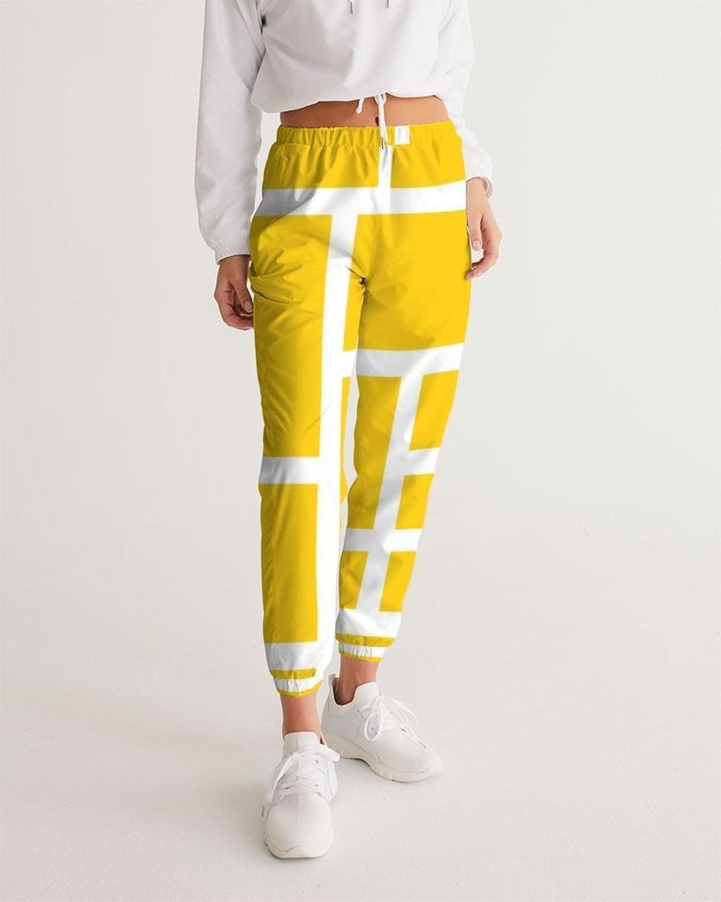 Womens Track Pants - Yellow & White Geometric Graphic Sports Pants