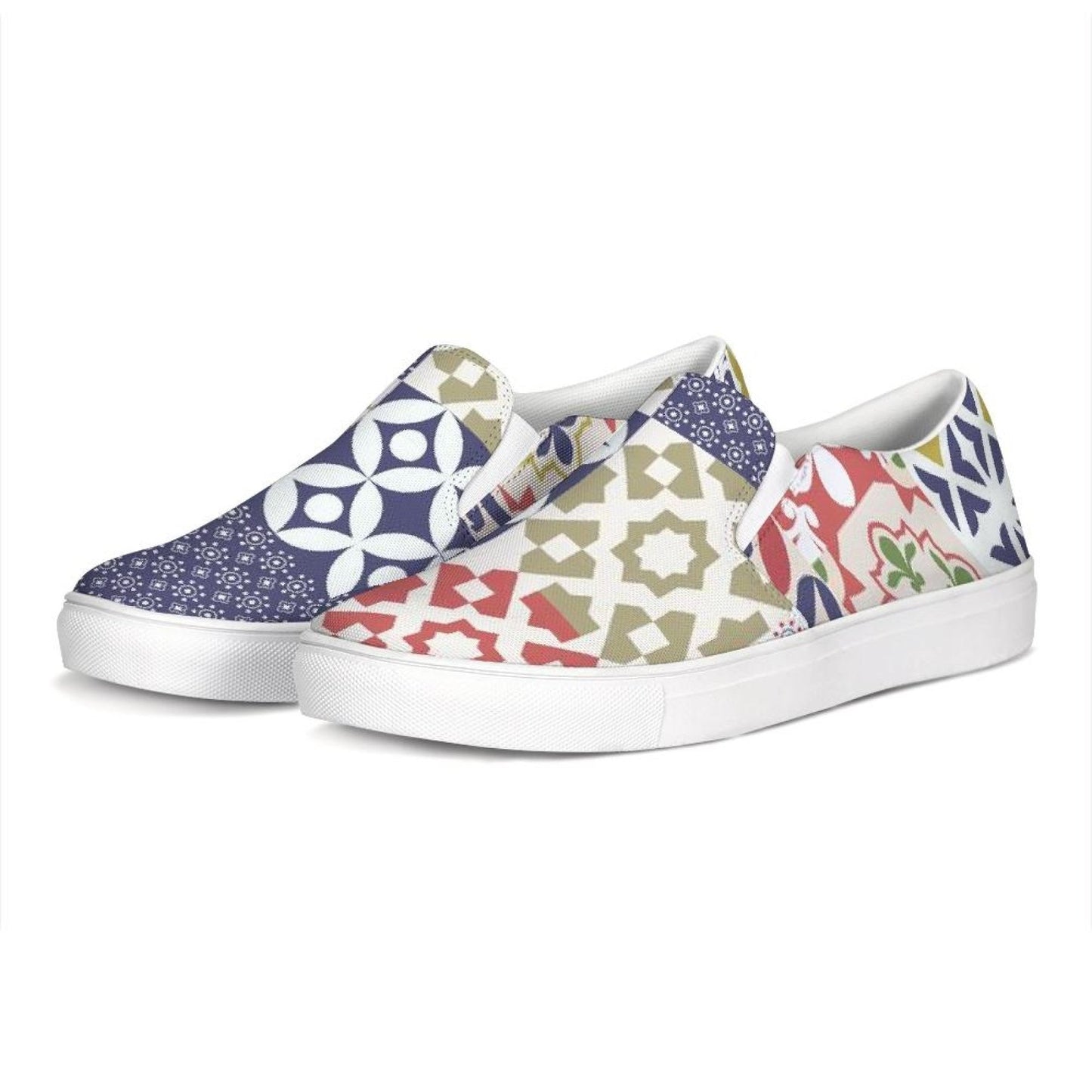 Damen-Sneakers, mehrfarbige Slip-on-Schuhe aus Canvas mit Patch-Design