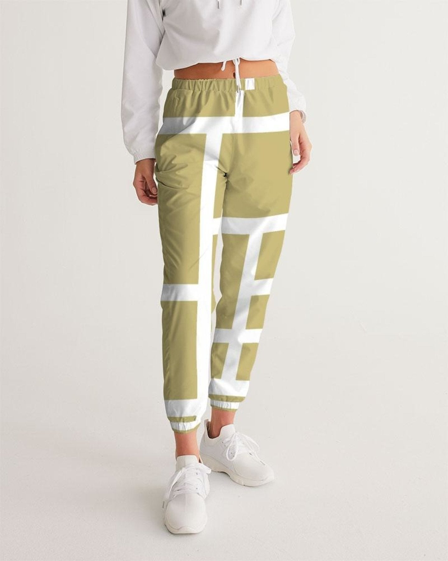 Womens Track Pants - Beige And White Block Grid Sports Pants