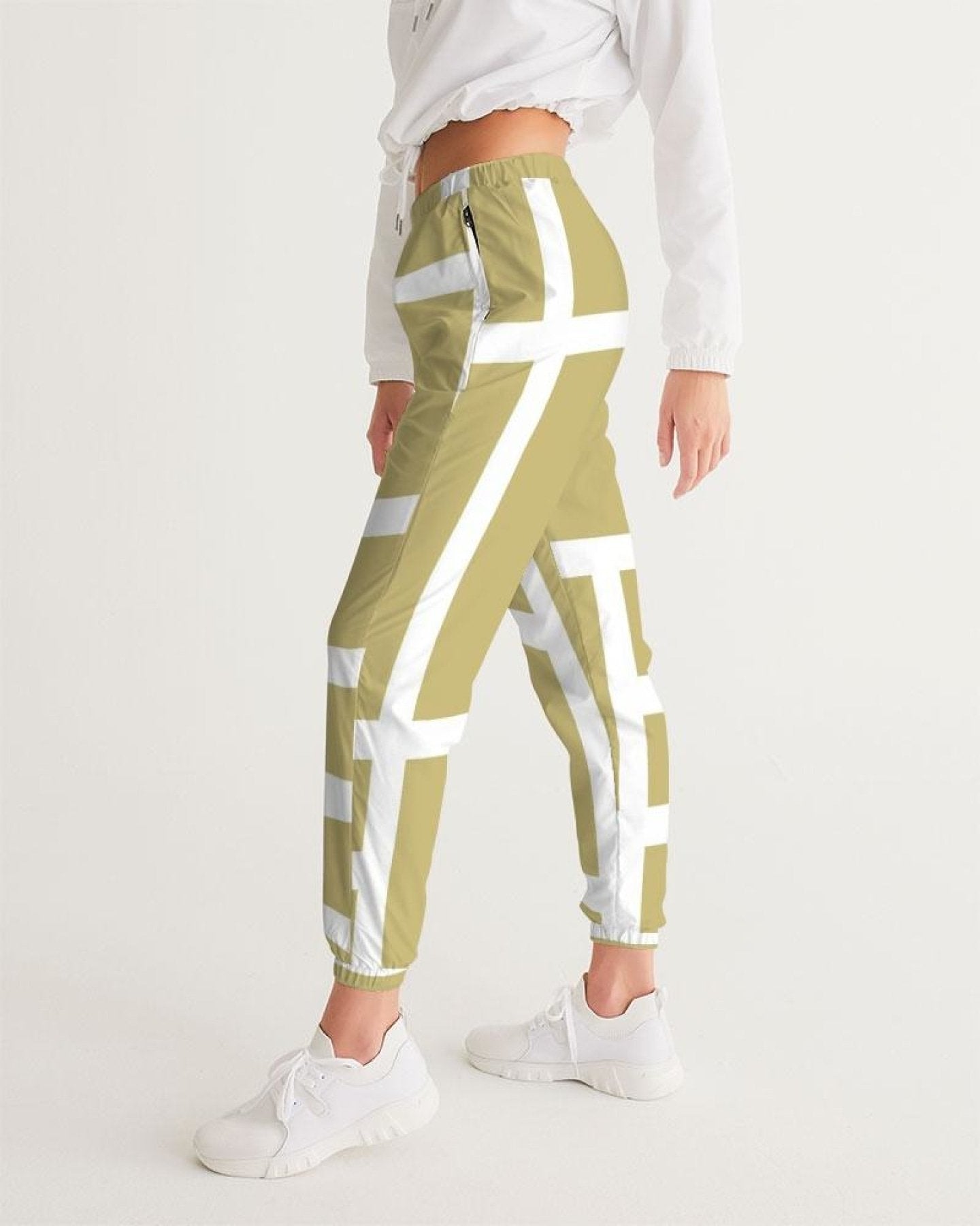 Womens Track Pants - Beige And White Block Grid Sports Pants