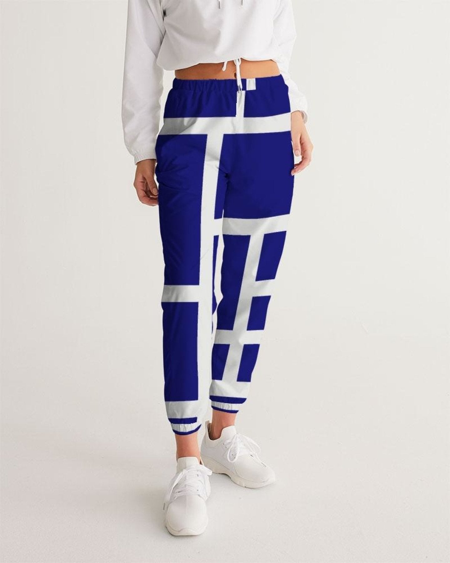 Womens Track Pants - Blue & White Block Grid Sports Pants