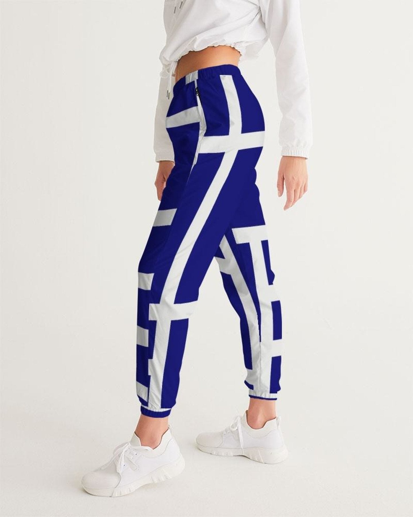 Womens Track Pants - Blue & White Block Grid Sports Pants