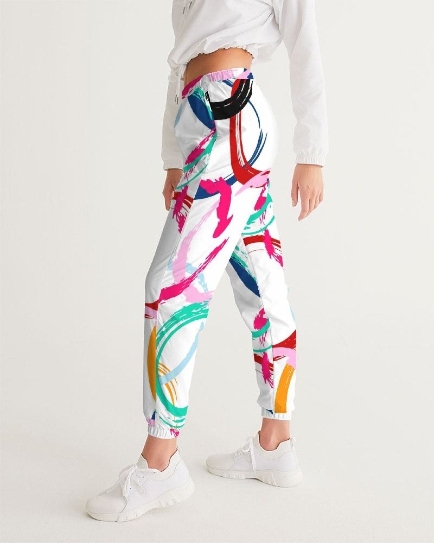 Womens Track Pants - White Multicolor Circular Graphic Sports Pants