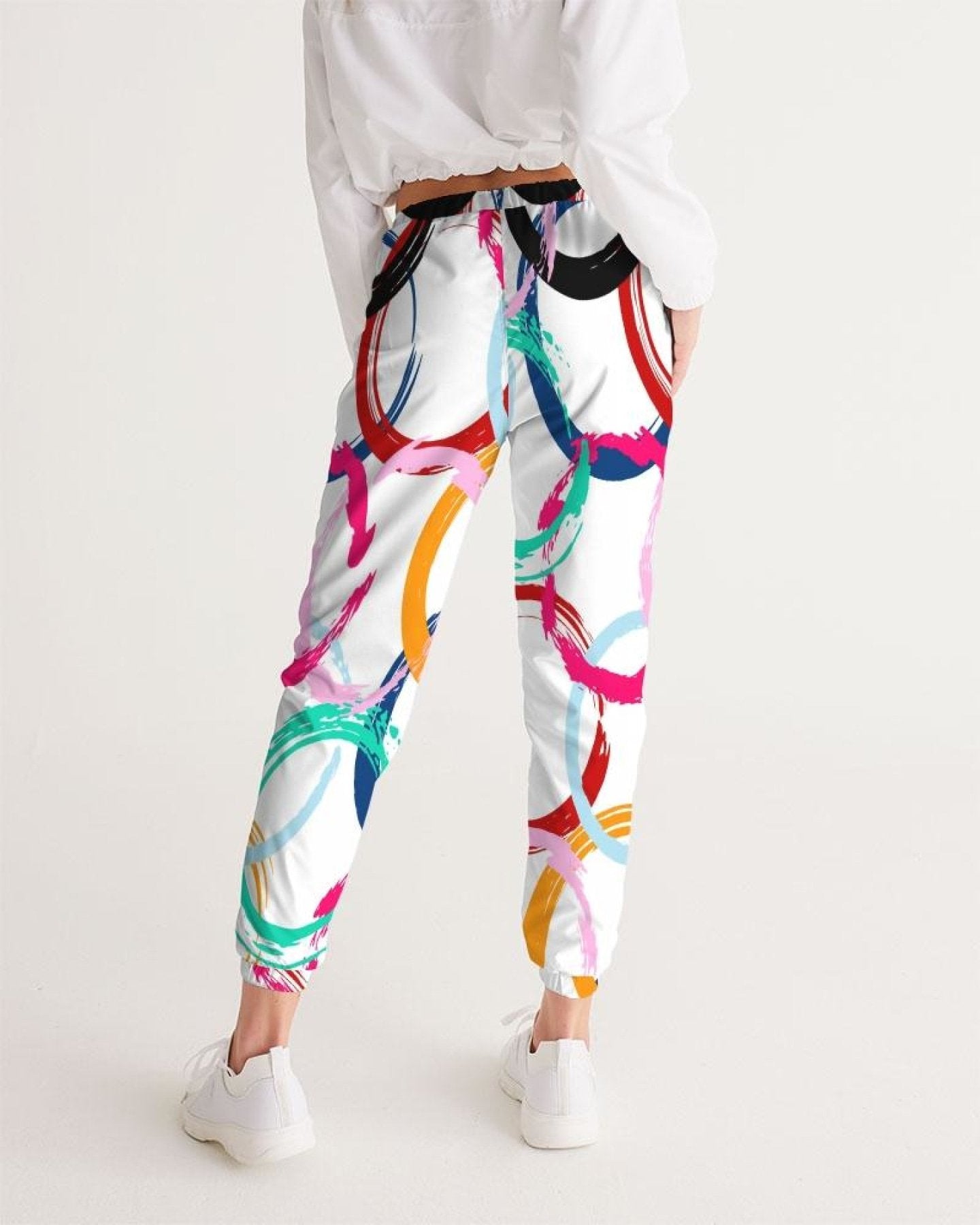 Womens Track Pants - White Multicolor Circular Graphic Sports Pants