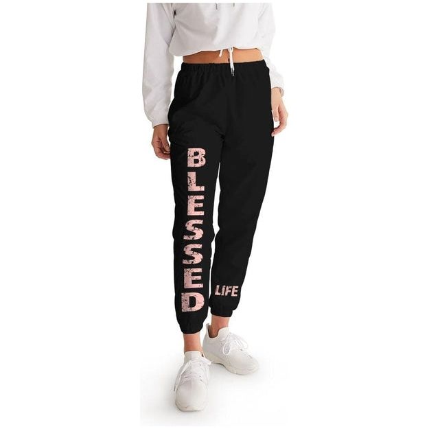 Womens Track Pants - Black & Peach Blessed Graphic Sports Pants