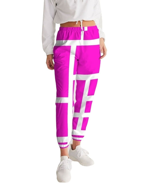 Womens Track Pants - Pink & White Block Grid Graphic Sports Pants