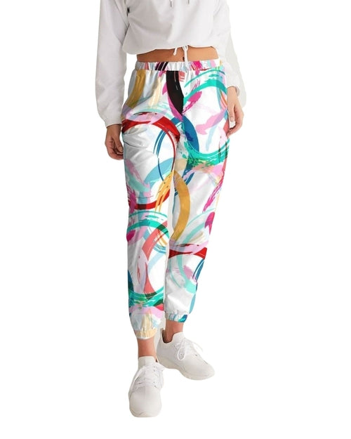 Womens Track Pants - White Multicolor Circular Graphic Sports Pants